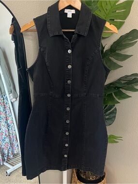 🖤 Forever 21 Black Denim Button Front Midi Dress Sz L | Edgy Chic